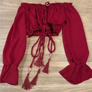 Deep Red 3/4 Sleeve Crop Blouse with Tie Front and Ruffled Details